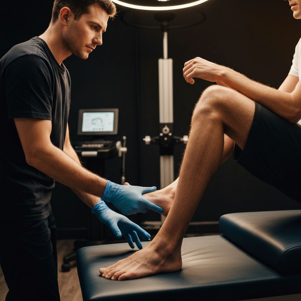 Podiatrist conducting biomechanical assessment and ligament stability testing for ankle pain diagnosis at General Foot Care clinic in Arnold, Nottingham