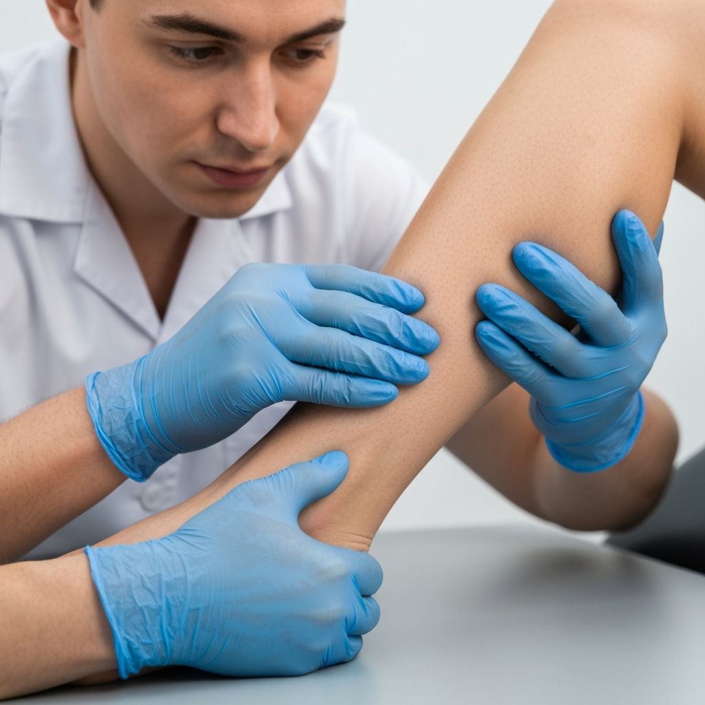 Podiatrist examining Achilles tendinopathy at General Foot Care clinic