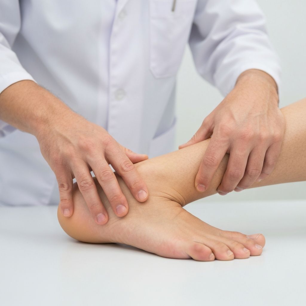 Podiatrist examining ankle instability and sprain at General Foot Care clinic
