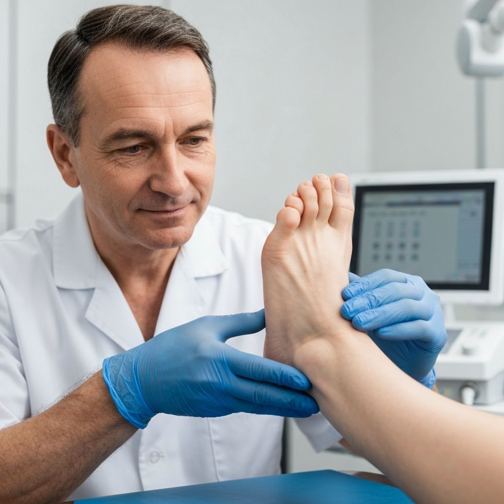 Podiatrist examining heel pain and heel spur at General Foot Care clinic