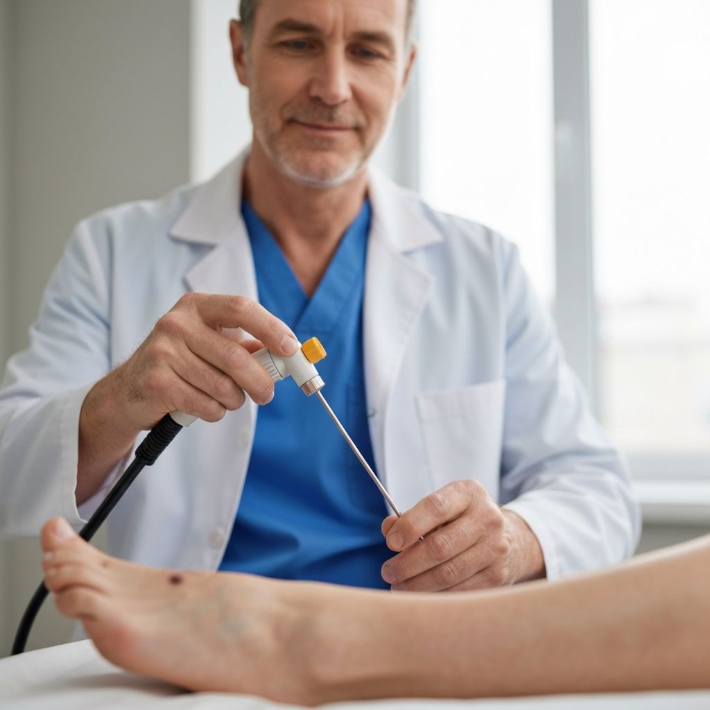Podiatrist applying professional cryotherapy freezing to a verruca at General Foot Care clinic in Arnold, Nottingham