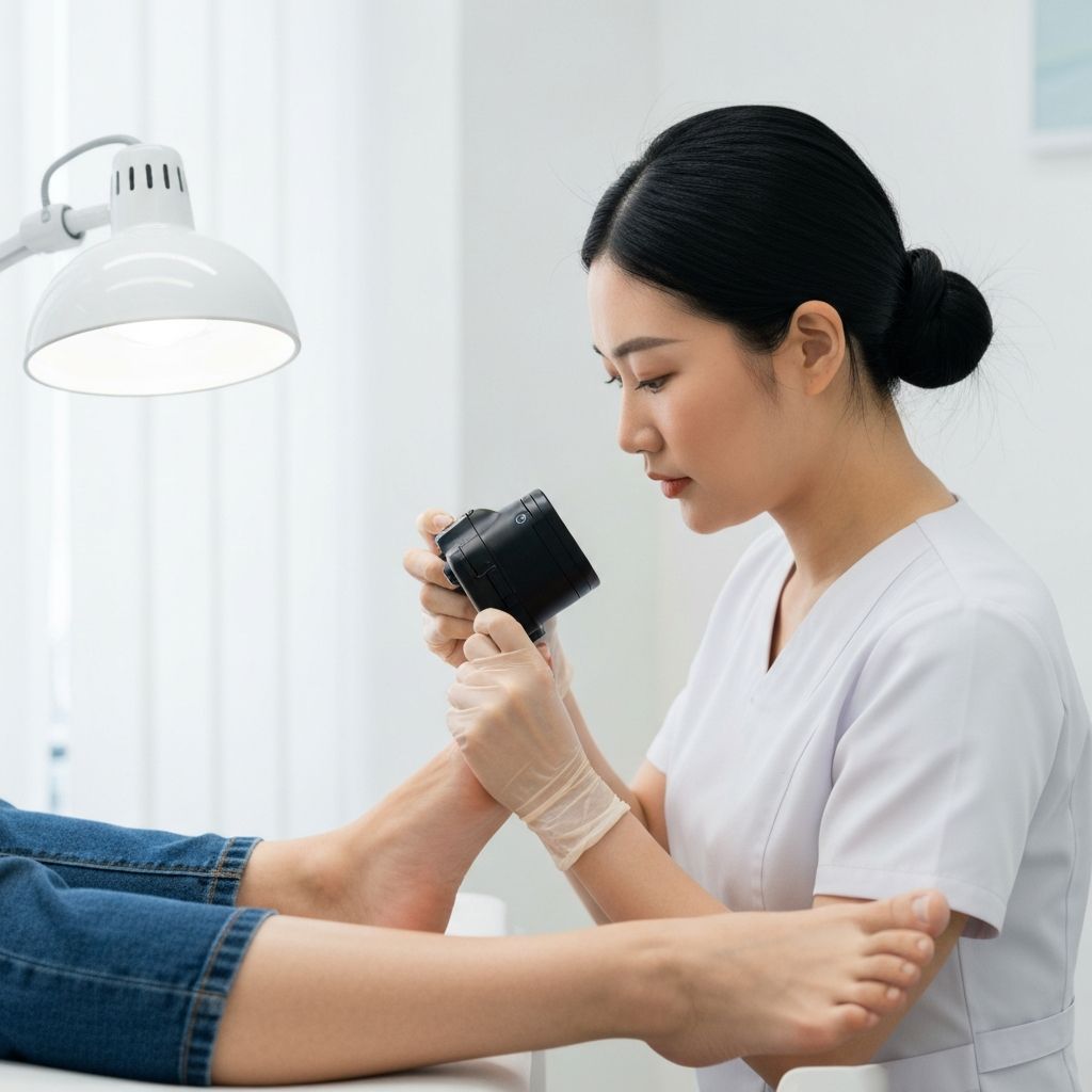 Podiatrist using a monofilament to test diabetic foot sensation at General Foot Care clinic, Arnold Nottingham