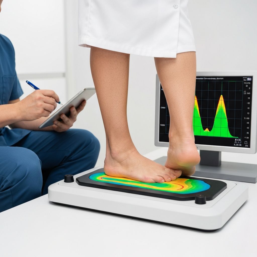 Patient's flat foot being analyzed on podoscope pressure plate showing arch collapse and overpronation at General Foot Care clinic