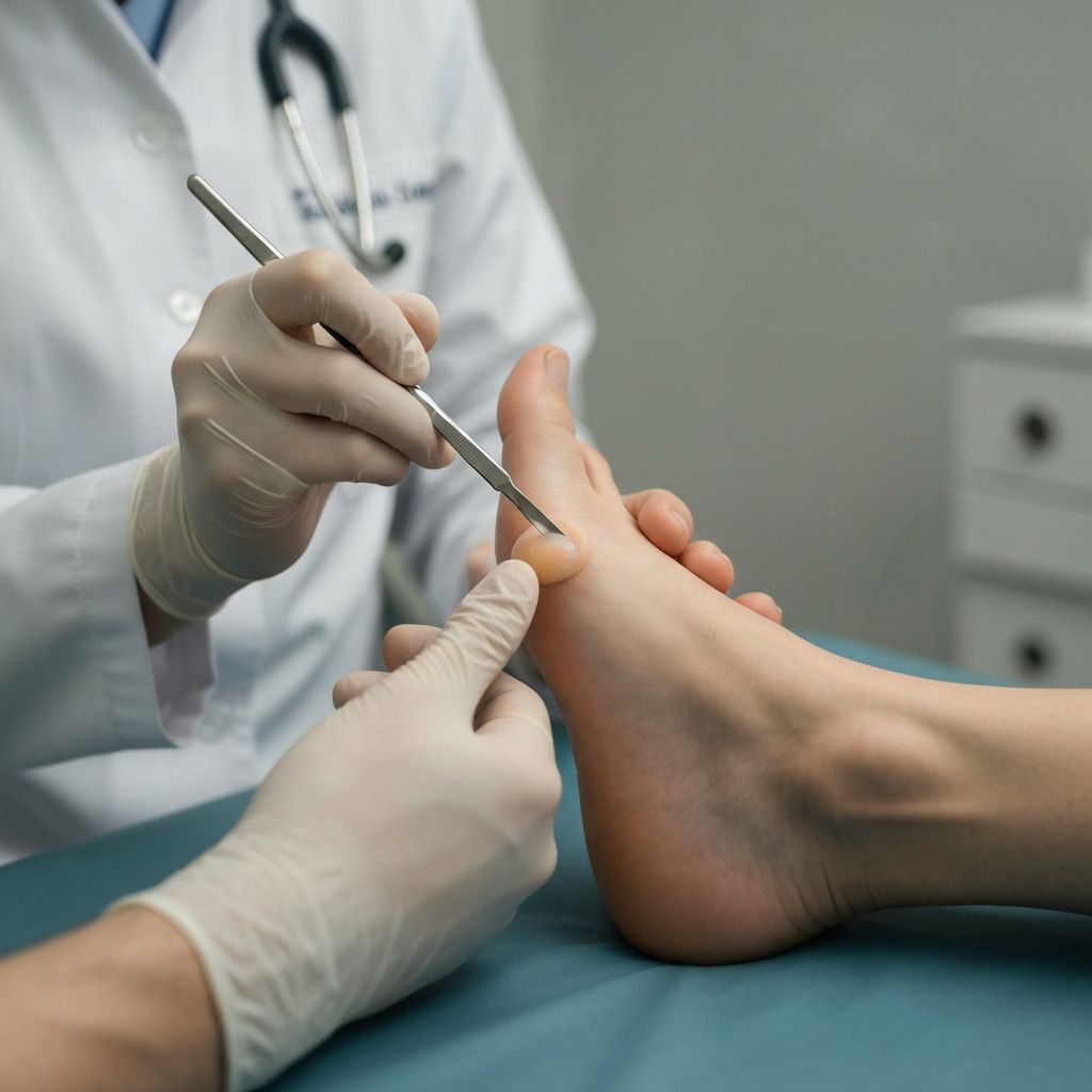 Podiatrist using a scalpel to remove a corn from a patient's foot at General Foot Care clinic, Arnold Nottingham