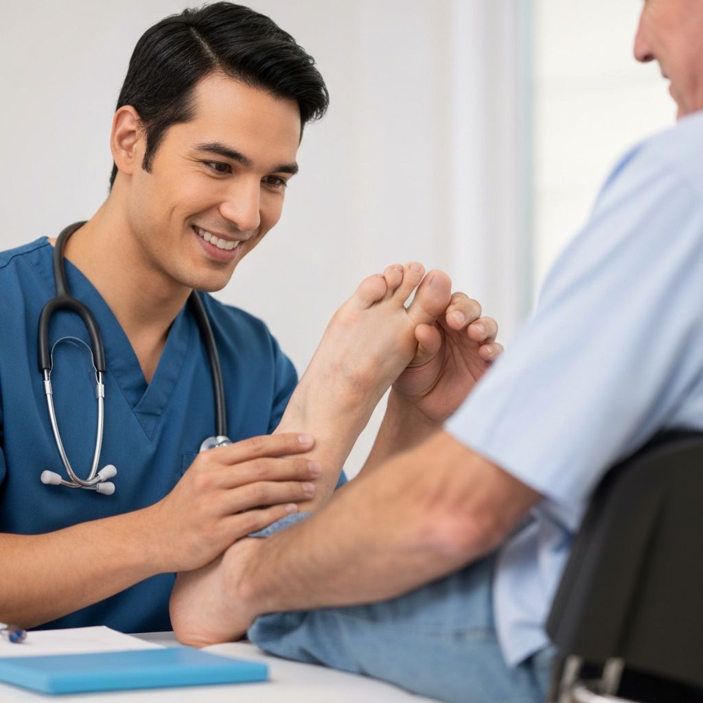 Podiatrist carefully cutting and filing thick toenails for an elderly patient at General Foot Care, Arnold Nottingham