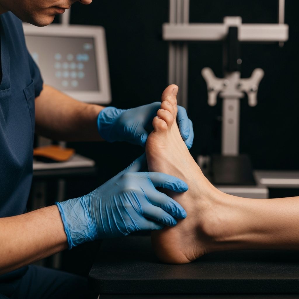 Podiatrist conducting biomechanical assessment for heel pain diagnosis at General Foot Care clinic in Arnold, Nottingham