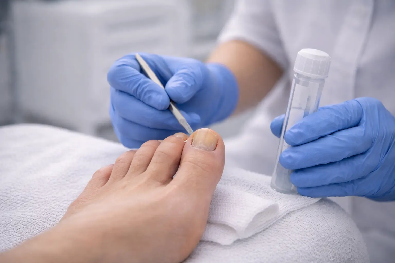 Podiatrist collecting a nail sample for fungal nail testing at General Foot Care podiatry clinic