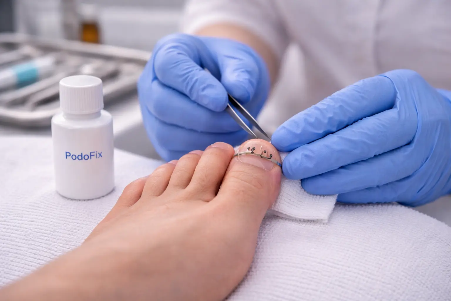 Podiatrist fitting a PodoFix nail brace at General Foot Care podiatry clinic