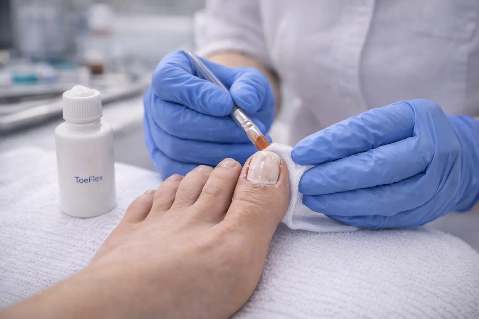 Podiatrist applying ToeFlex nail reconstruction resin at General Foot Care podiatry clinic