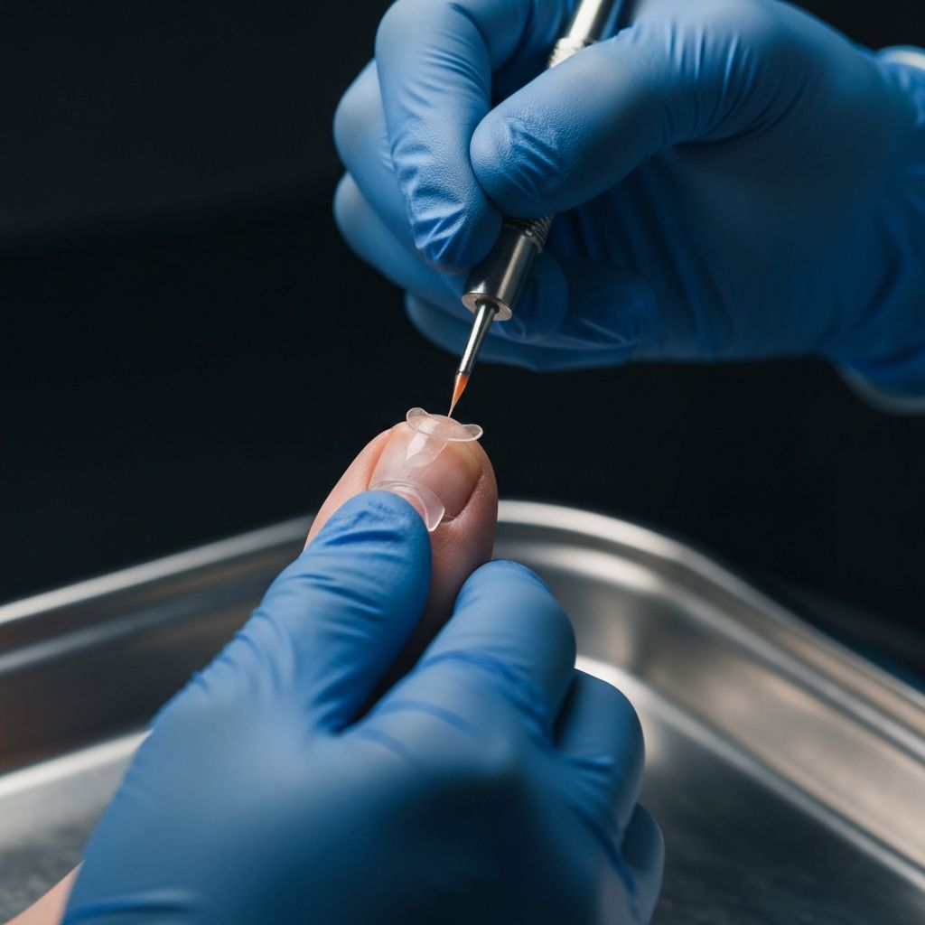 PodoFix nail correction brace being applied to a curved toenail by a podiatrist at General Foot Care in Arnold, Nottingham