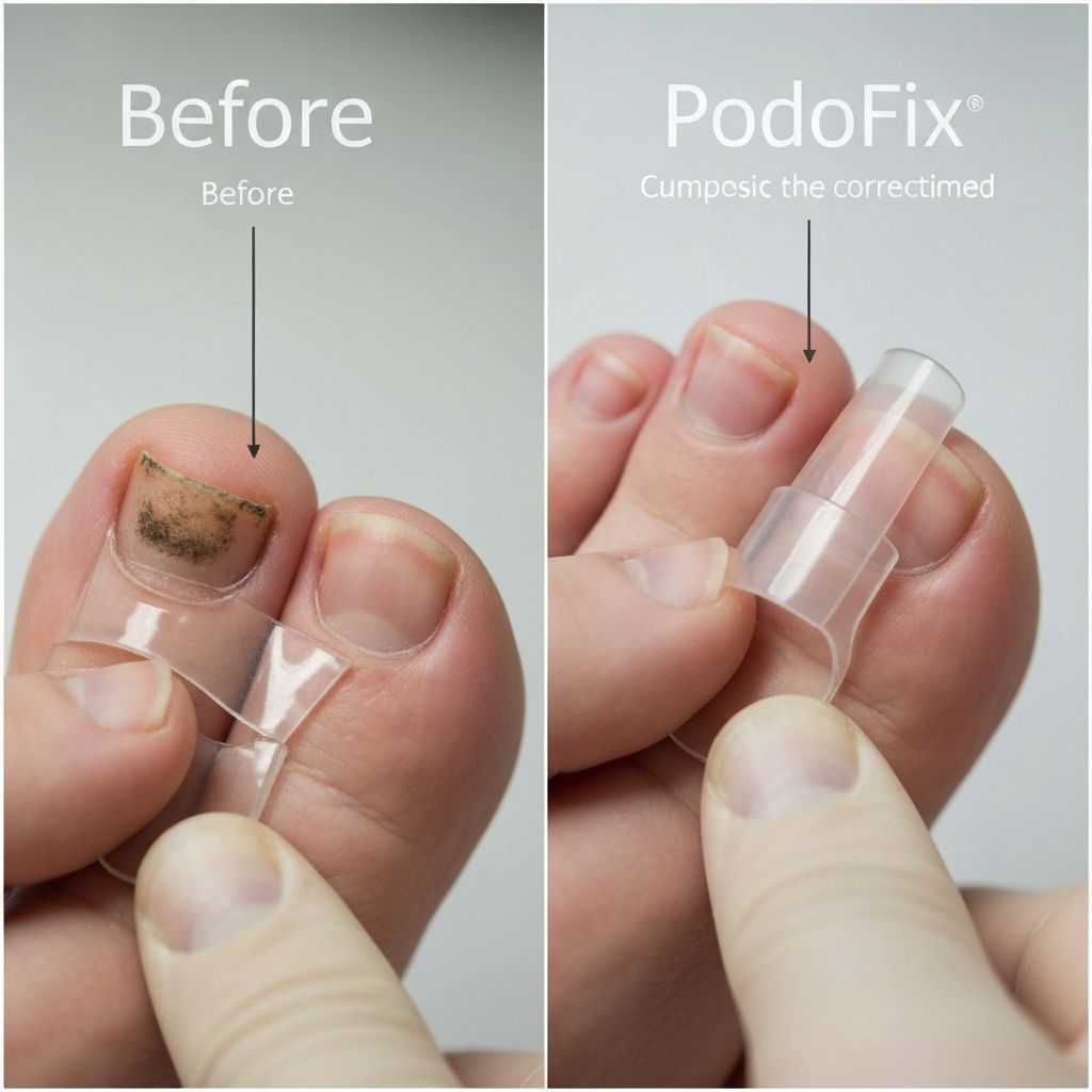 PodoFix nail correction brace result — curved toenail being gently straightened without surgery