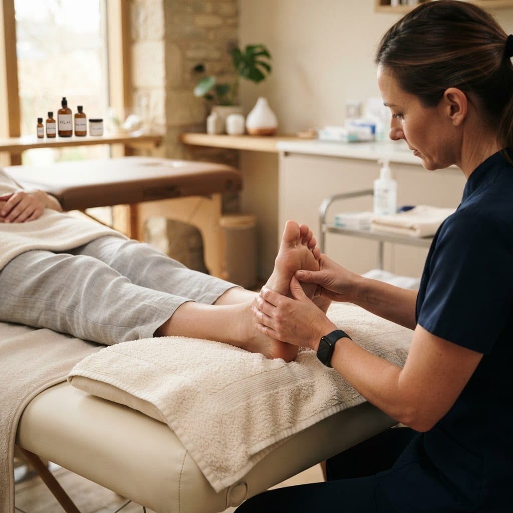 Therapist performing a relaxing reflexology treatment on a client's foot at General Foot Care clinic in Arnold, Nottingham