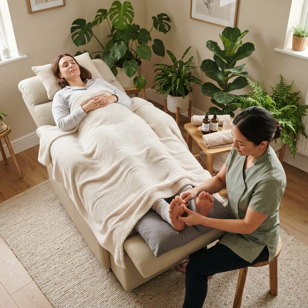 Client relaxing on a treatment couch during a reflexology session at General Foot Care clinic, Arnold Nottingham