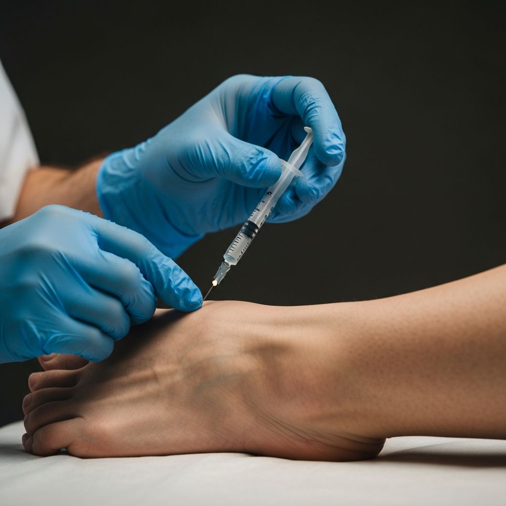 HCPC-registered podiatrist administering steroid injection for lower limb pain at General Foot Care clinic in Arnold, Nottingham