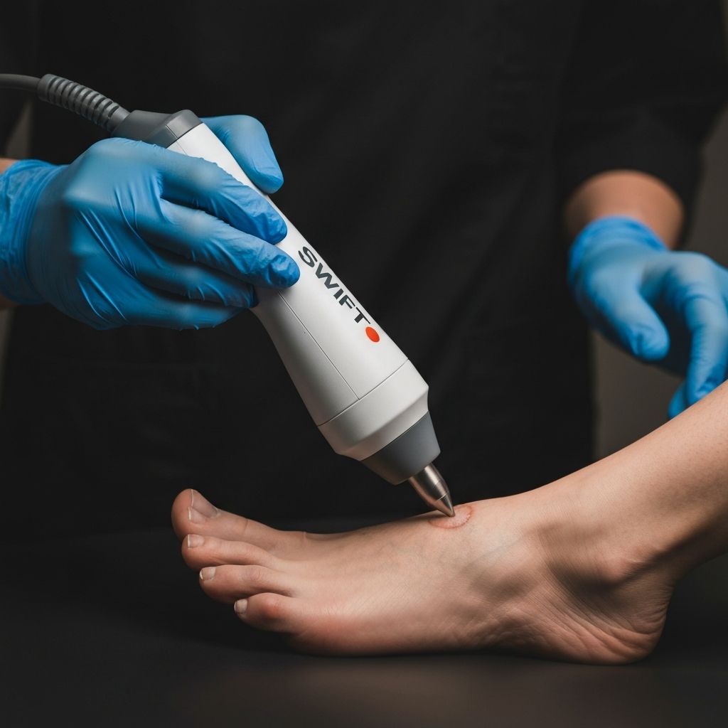 Podiatrist applying Swift microwave therapy to a verruca at General Foot Care clinic in Arnold, Nottingham
