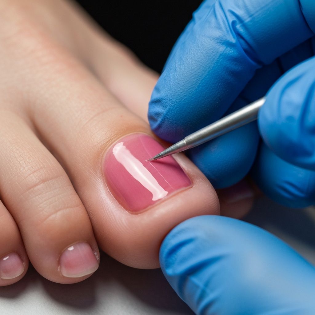 ToeFlex cosmetic toenail reconstruction being applied by a podiatrist at General Foot Care in Arnold, Nottingham