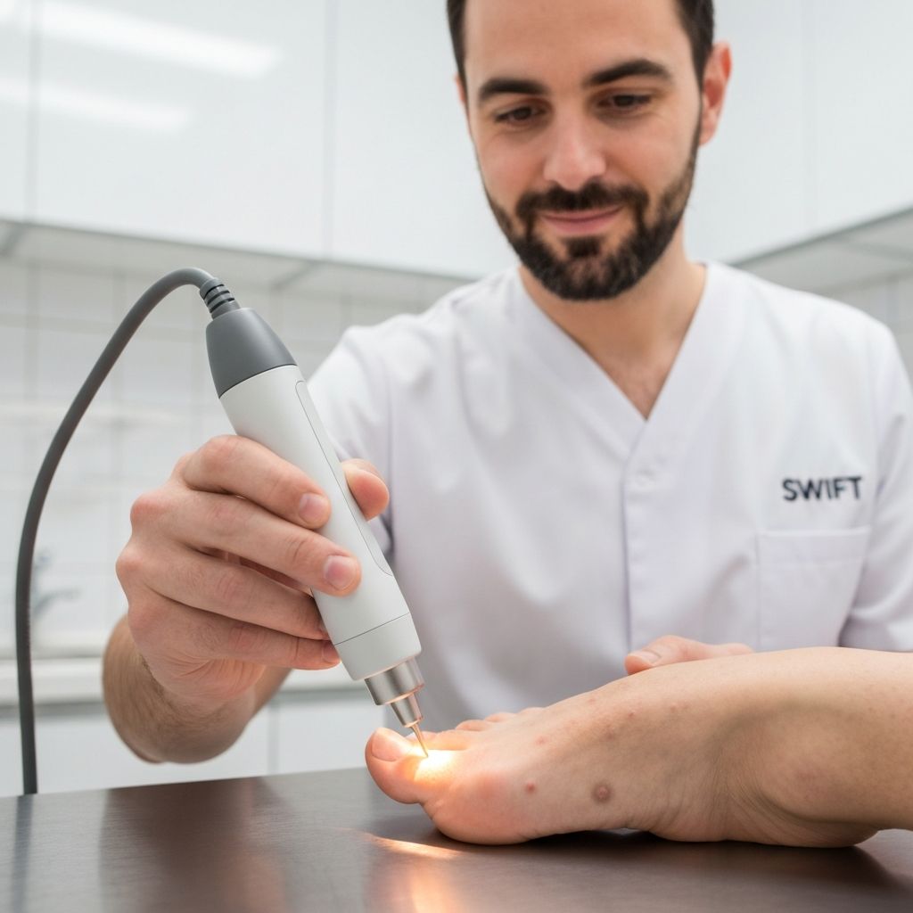 Podiatrist applying Swift microwave therapy to a verruca at General Foot Care clinic, Arnold Nottingham
