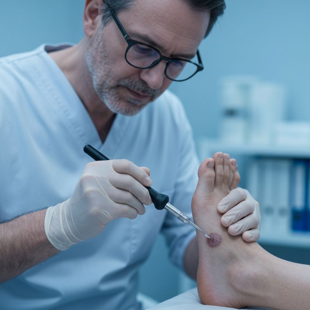 Podiatrist applying Verrutop topical acid treatment to a verruca at General Foot Care podiatry clinic