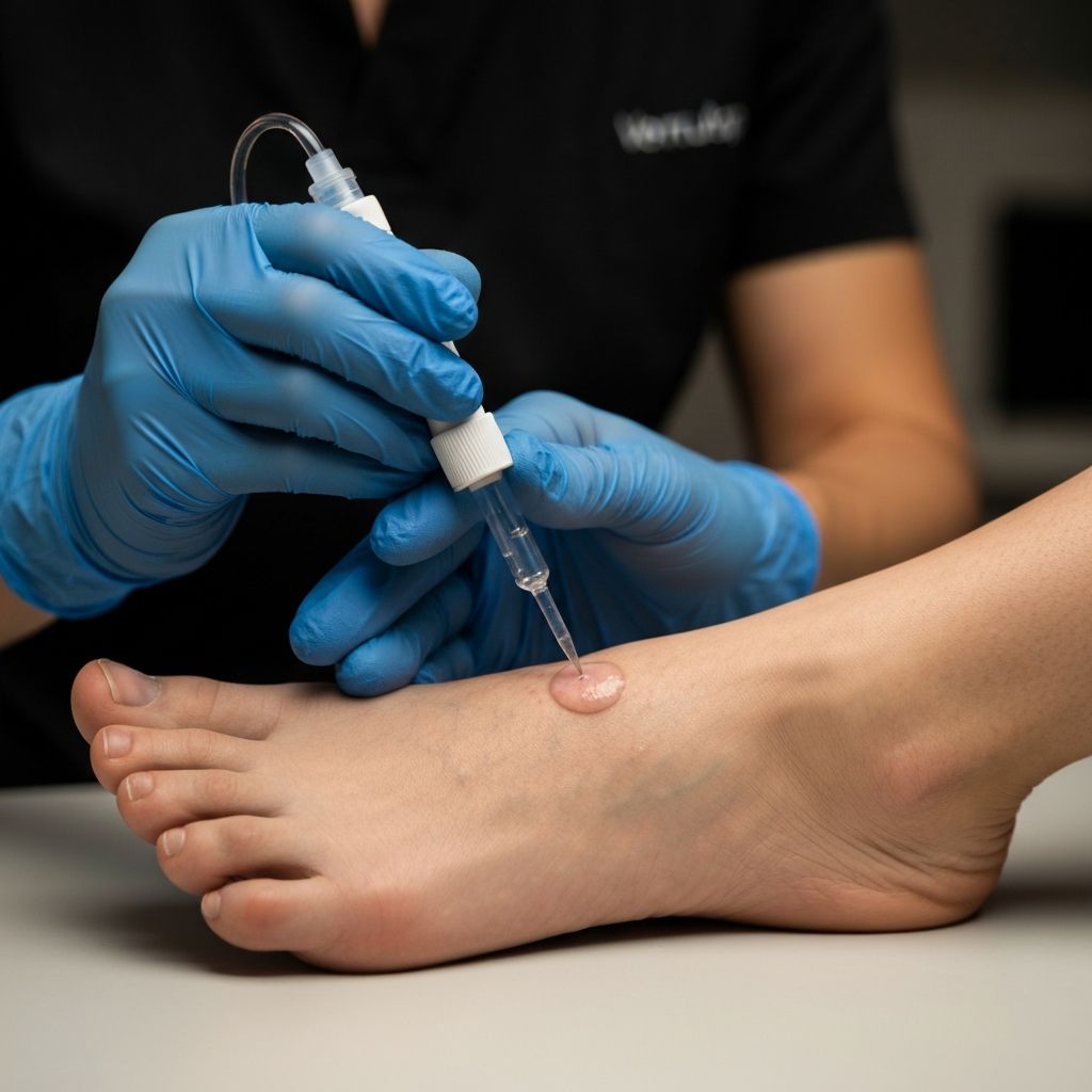 Podiatrist applying gentle Verrutop verruca treatment at General Foot Care clinic in Arnold, Nottingham