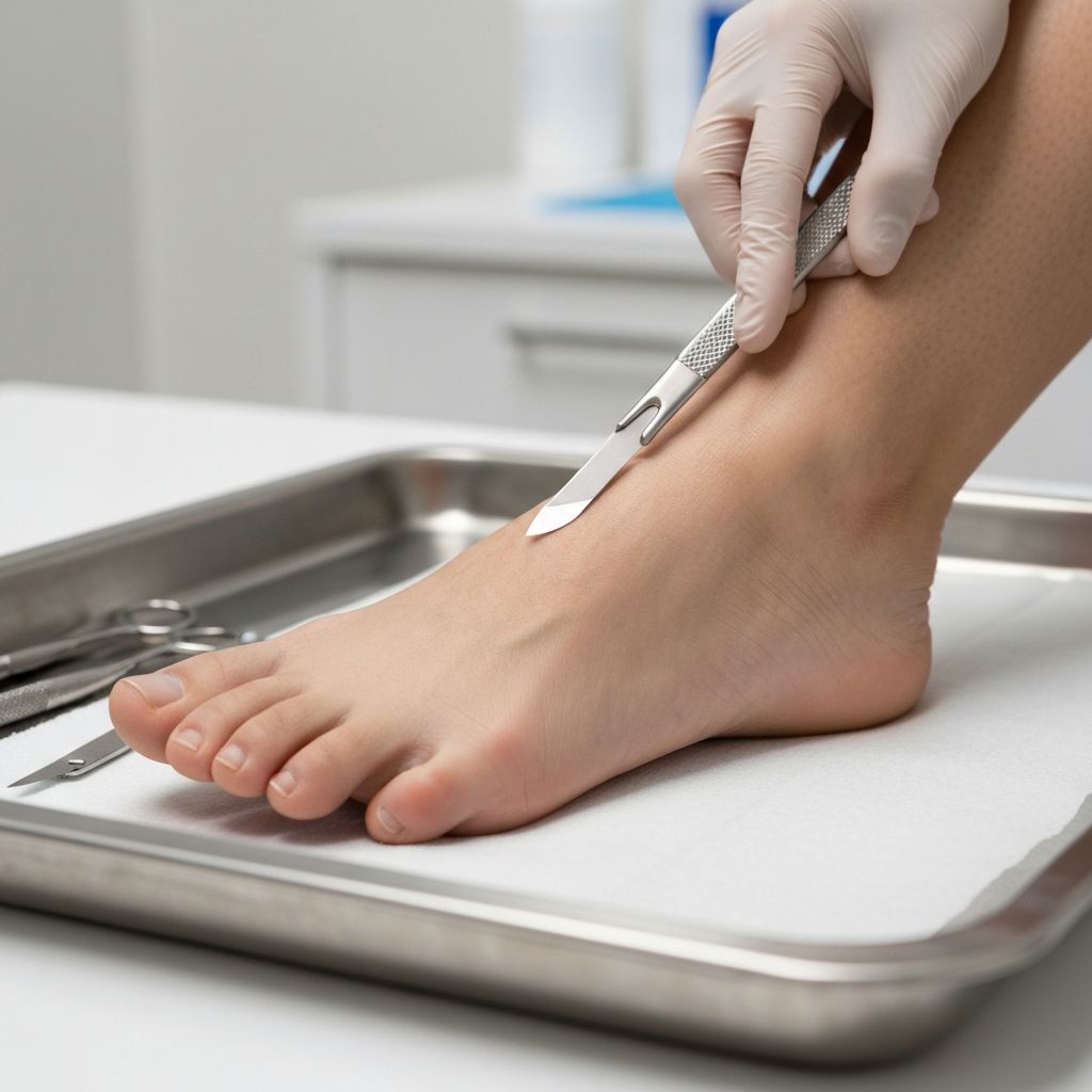 HCPC-registered podiatrist preparing verruca for gentle Verrutop treatment at General Foot Care, Arnold Nottingham